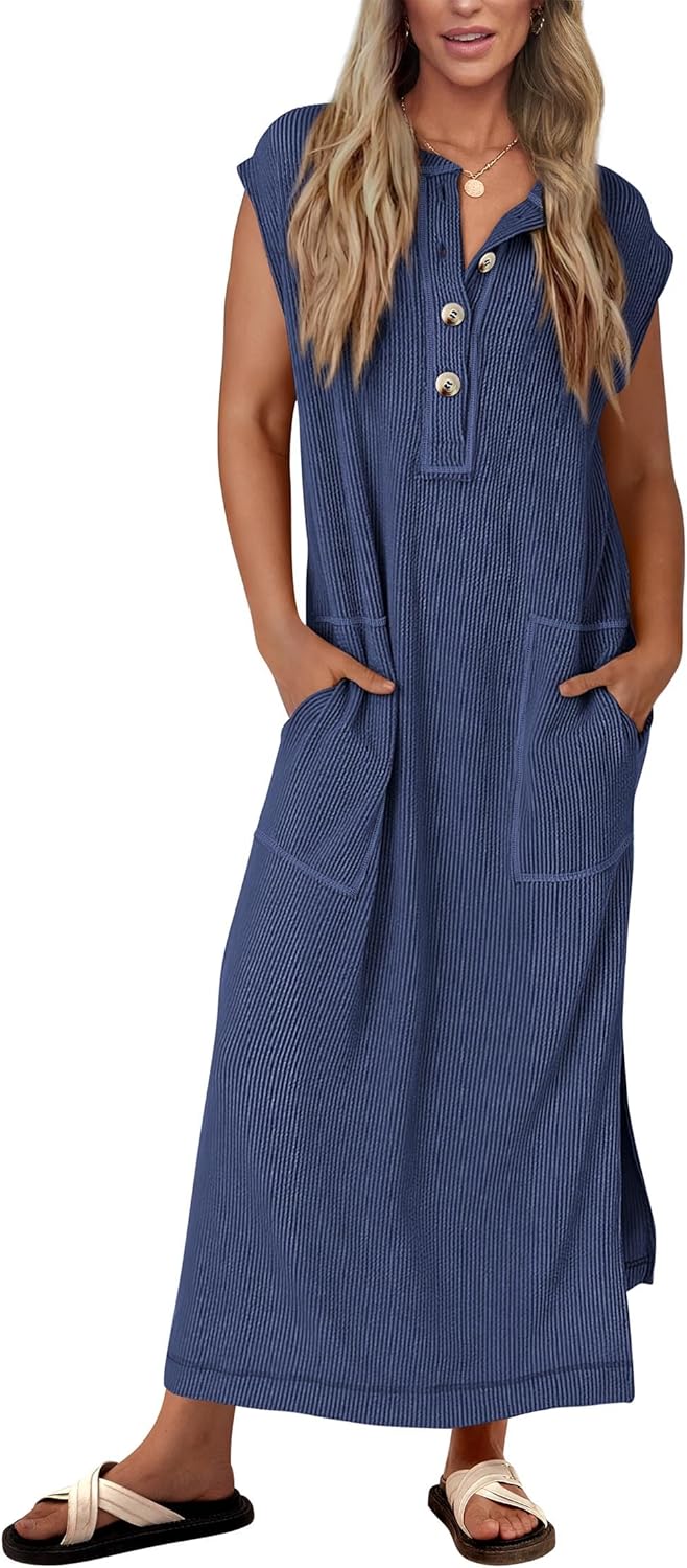 Women's Ribbed Henley Button Up Split Long Dress (Buy 2 Free Shipping)