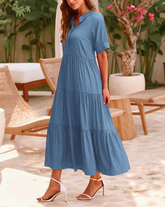 Women's Casual Button Short Sleeve Pleated Tiered Midi Dress (Buy 2 Free Shipping)