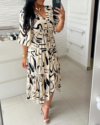 V-Neck Waist Ink Print Dress