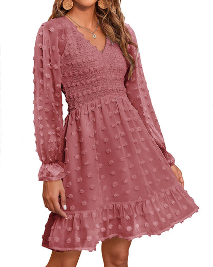 Women's Spring V Neck Swiss Dot Chiffon Mini Dress (Buy 2 Free Shipping)