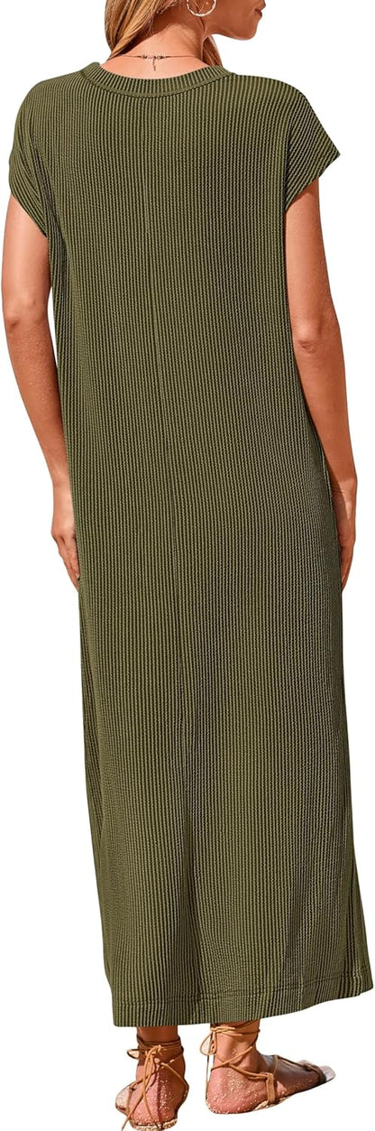 Women's Ribbed Henley Button Up Split Long Dress (Buy 2 Free Shipping)