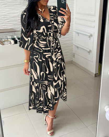 V-Neck Waist Ink Print Dress