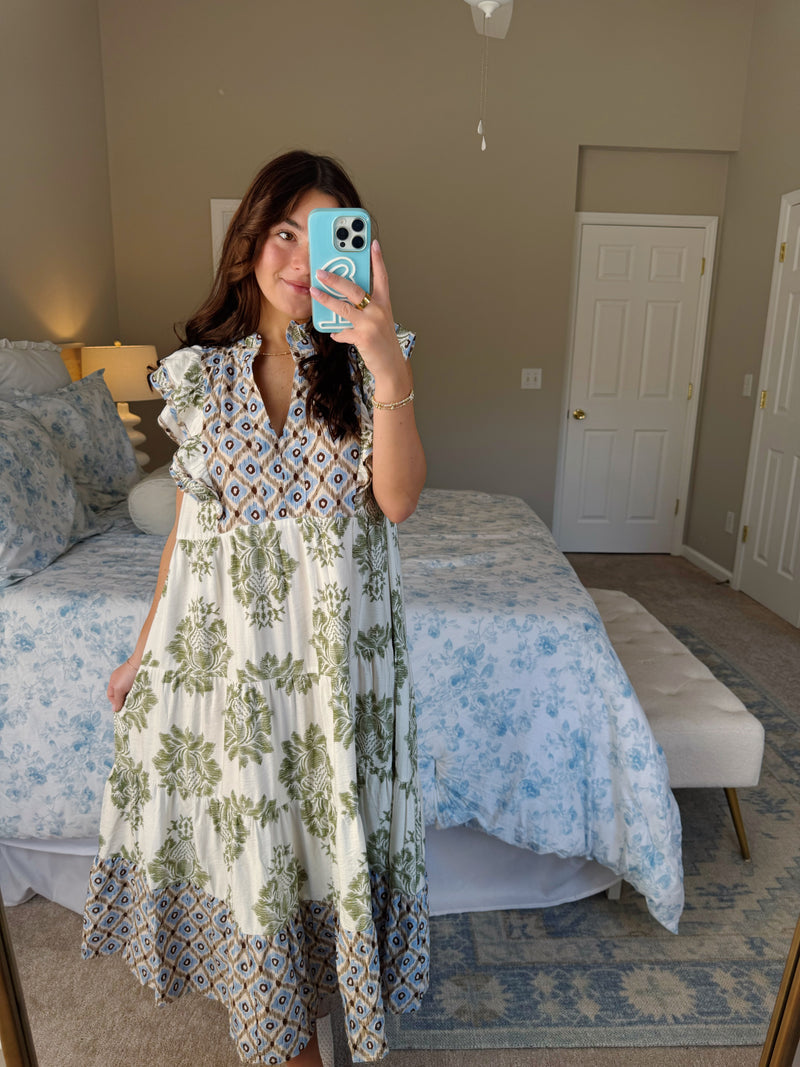 Women's Casual Printed Ruffle Sleeve Midi Dress (Buy 2 Free Shipping)