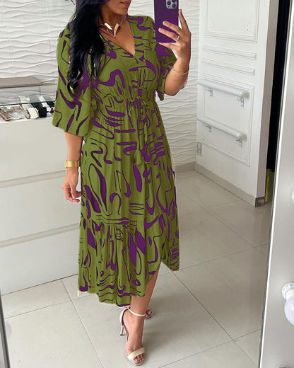 V-Neck Waist Ink Print Dress