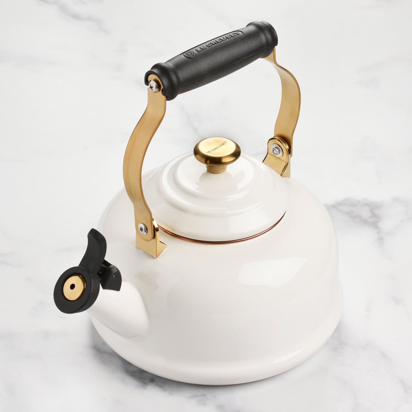 Enameled Steel 1.7-quart White Whistling Tea Kettle with Gold Knob