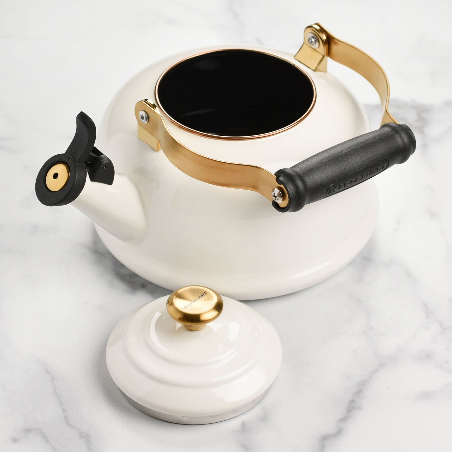 Enameled Steel 1.7-quart White Whistling Tea Kettle with Gold Knob