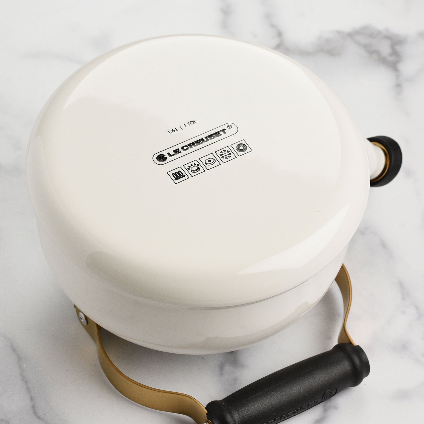 Enameled Steel 1.7-quart White Whistling Tea Kettle with Gold Knob