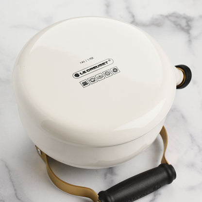 Enameled Steel 1.7-quart White Whistling Tea Kettle with Gold Knob