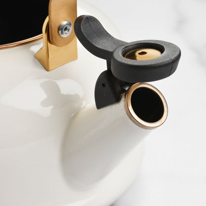 Enameled Steel 1.7-quart White Whistling Tea Kettle with Gold Knob