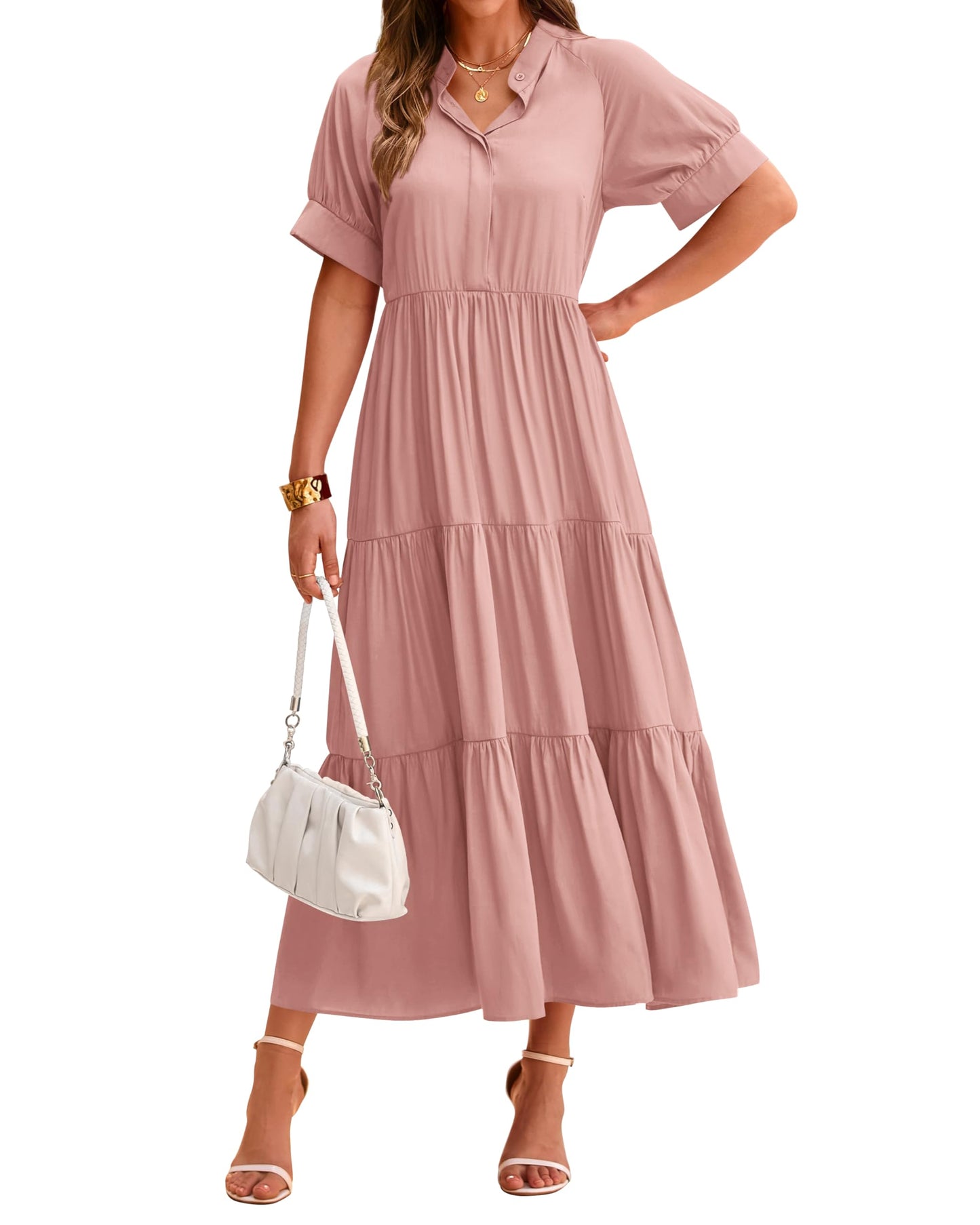 Women's Casual Button Short Sleeve Pleated Tiered Midi Dress (Buy 2 Free Shipping)