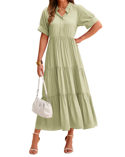 Women's Casual Button Short Sleeve Pleated Tiered Midi Dress (Buy 2 Free Shipping)
