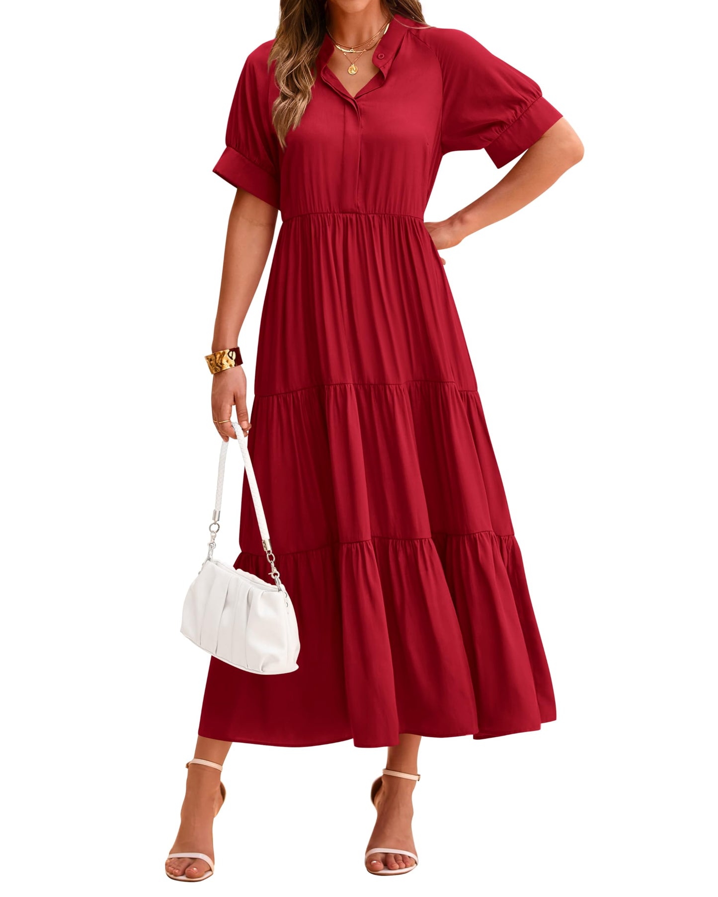 Women's Casual Button Short Sleeve Pleated Tiered Midi Dress (Buy 2 Free Shipping)