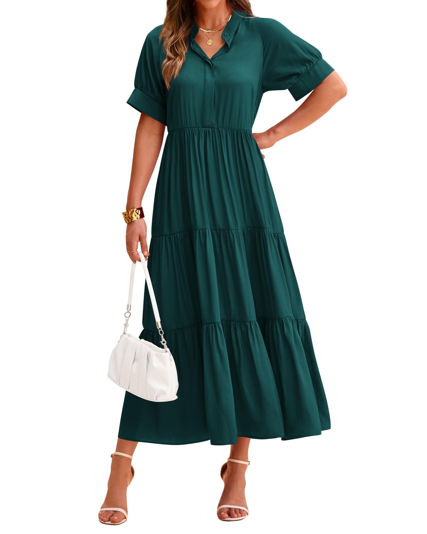 Women's Casual Button Short Sleeve Pleated Tiered Midi Dress (Buy 2 Free Shipping)