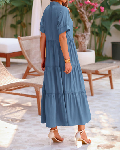 Women's Casual Button Short Sleeve Pleated Tiered Midi Dress (Buy 2 Free Shipping)