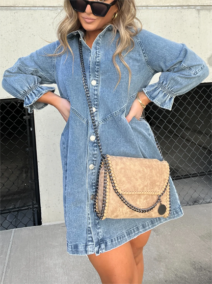 New Washed Denim Puff Sleeve Dress (Buy 2 Free Shipping)