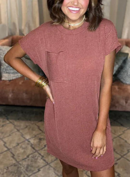 New Ribbed Round Neck Pocket Dress (Buy 2 Free Shipping)