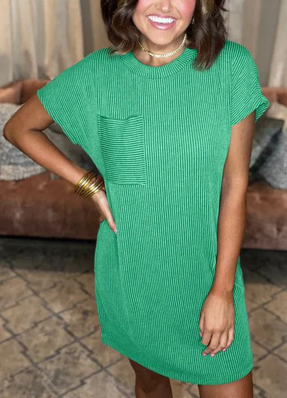 New Ribbed Round Neck Pocket Dress (Buy 2 Free Shipping)