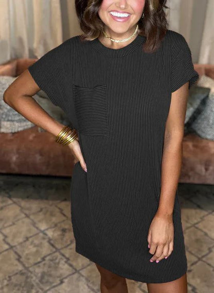 New Ribbed Round Neck Pocket Dress (Buy 2 Free Shipping)