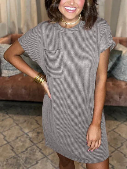 New Ribbed Round Neck Pocket Dress (Buy 2 Free Shipping)